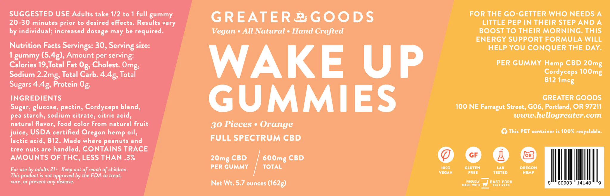Greater Goods, Full Spectrum, CBD Gummies, Wake Up, Orange Flavor, 30pc, 600mg CBD