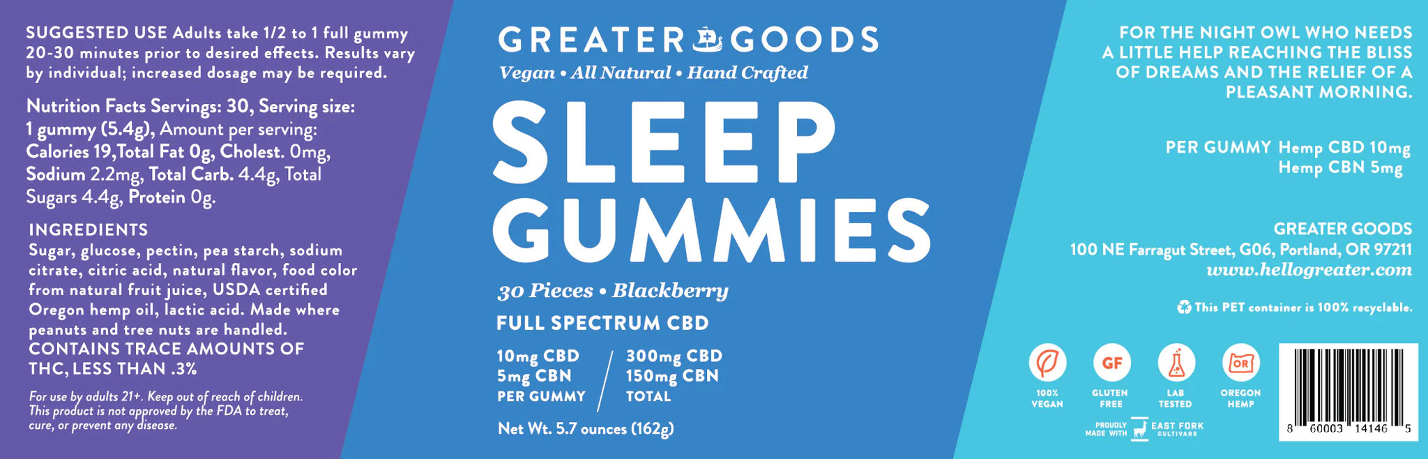 Greater Goods, Full Spectrum, CBD Gummies, Sleep, Blackberry Flavor, 30pc, 300mg CBD + 150mg CBN