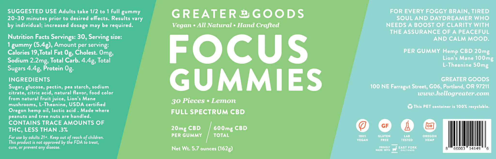 Greater Goods, Full Spectrum, CBD Gummies, Focus, Lemon Flavor, 30pc, 600mg CBD