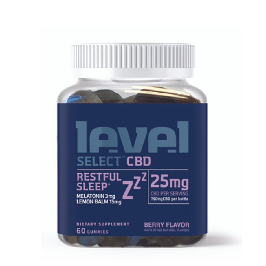 Level Select CBD Sports, CBD Gummies, Restful Sleep with Melatonin, Berry Flavor, 60pc, 750mg CBD, THC Free
