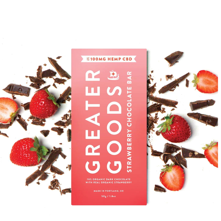 Greater Goods, CBD 70% Organic Dark Chocolate Bar, Strawberry Flavor, 1.8oz, 100mg CBD