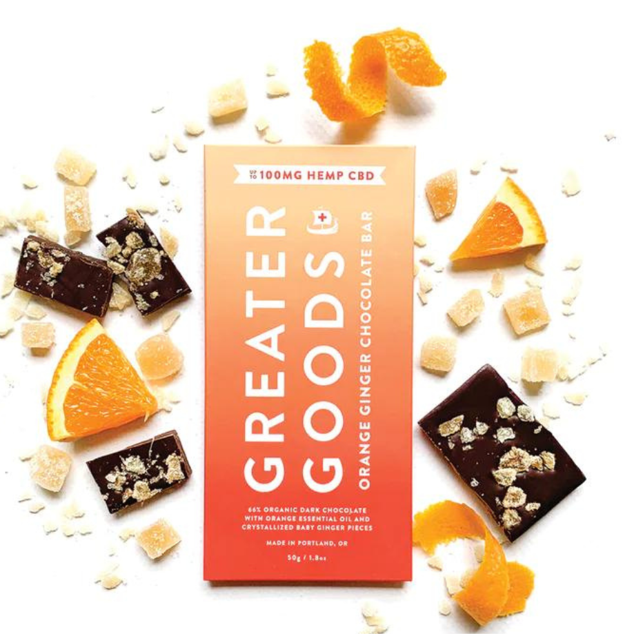 Greater Goods, CBD 60% Organic Dark Chocolate Bar, Orange & Ginger Flavor, 1.8oz, 100mg CBD