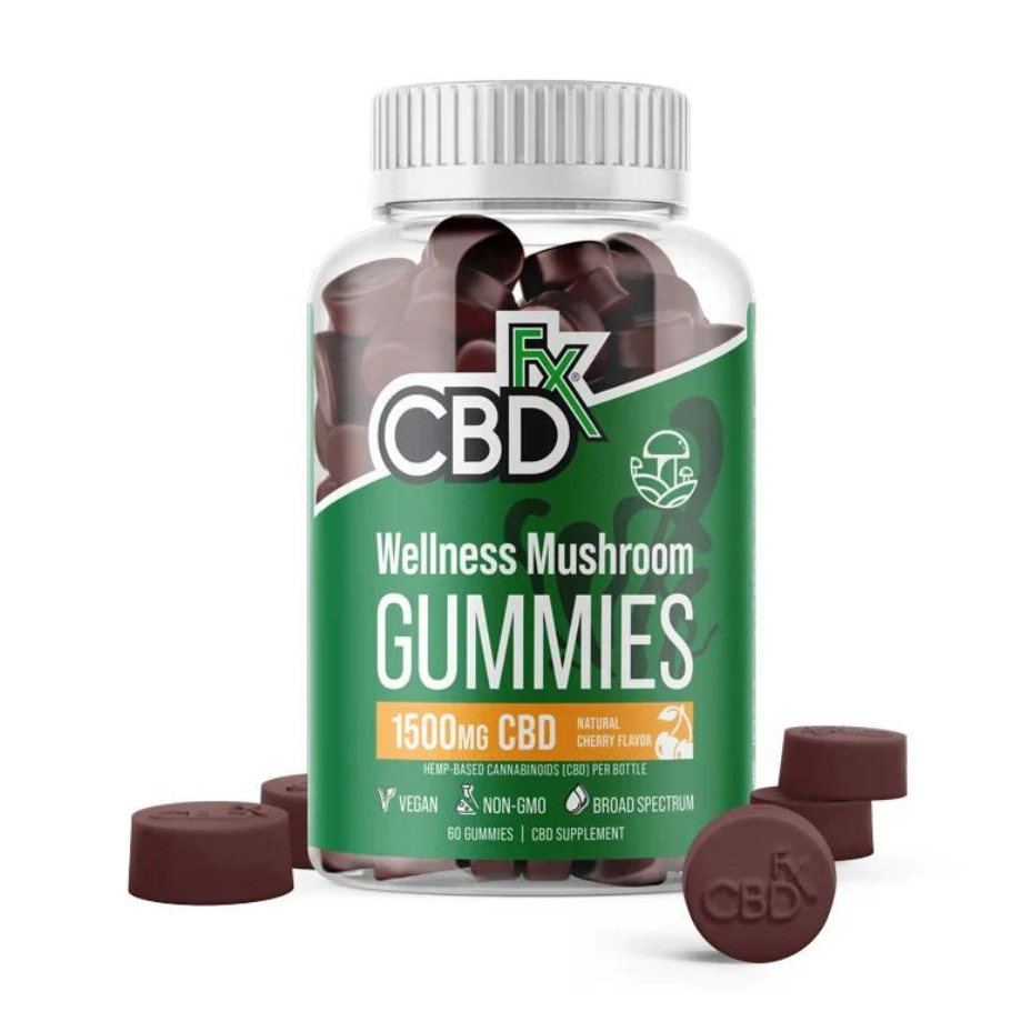 CBDFx, Broad Spectrum, CBD Gummies, Wellness Mushroom, Cherry Flavor, 60pc, 1500mg CBD