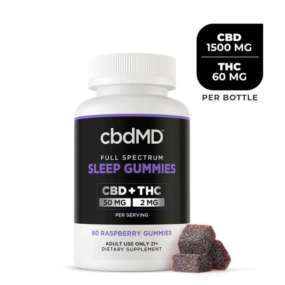 cbdMD, Full Spectrum, CBD Gummies for Sleep, Raspberry 60ct, 1500mg CBD & 60mg THC