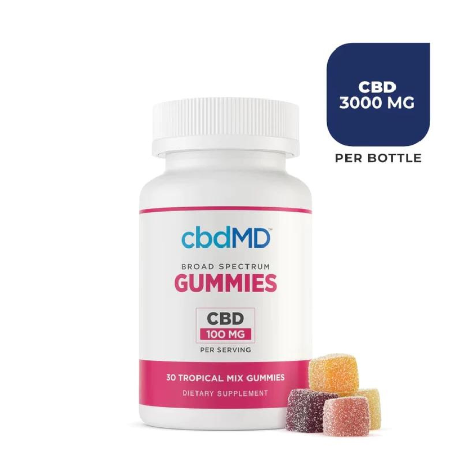 cbdMD, Broad Spectrum, CBD Gummies, Tropical Mix Flavor, 30ct, 3000mg CBD, THC Free
